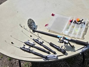 Lot of Ice Fishing Gear including Rods, Accessories, and Tackle Box
