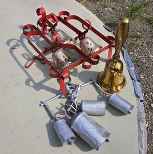 Set of Metal Bells and Accessories Including Large Brass Hand Bell, Red Metal Frame with Two Cowbells, and Silver-Colored Bells