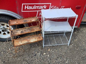 Rusty Metal Plant Stand and White Metal Shelf