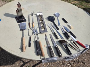 Miscellaneous BBQ and Kitchen Tools Including Grill Forks, Knives, and Utensils