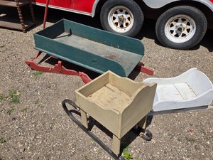 Wooden Sleds and Sleighs Including Green and Red Childs Sleigh, Mini Wooden Rocking Horse, and Small Wooden Cradle
