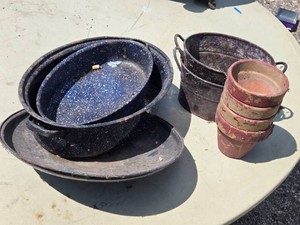 Old Metal Pots and Pans, Small Buckets and Planters