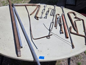 Assorted Metal Tools and Hardware Lot including Turnbuckles, Broken Crowbars, and Rods