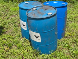 Lot of 3 Empty Blue Drums - Phosphoric Acid Storage Drums
