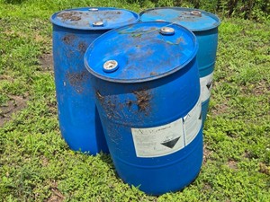 Lot of 3 Empty Blue Drums - UN1760 Corrosive Liquid Barrels Phosphoric Acid