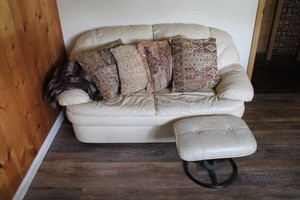 Leather Loveseat, Ottoman &amp Pillows
