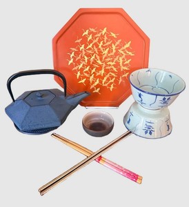 Japanese Tea Set Plate, Teapot, Bowl & Chopsticks