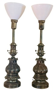 Table Lamps Pair Ornate Cast Metal With Frosted Glass Shades