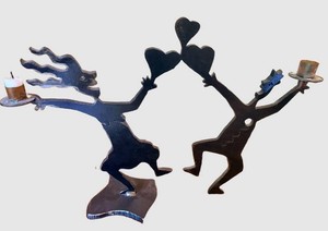 Folk Art Metal Candle Holders Pair