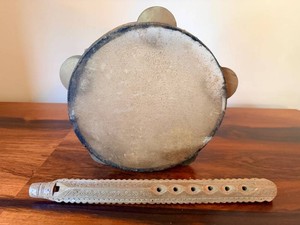 Vintage Tambourine & Carved Wooden Flute