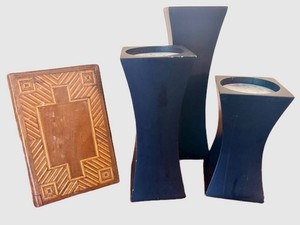 Decorative Candle Holders & Carved Wood Box Mixed Lot