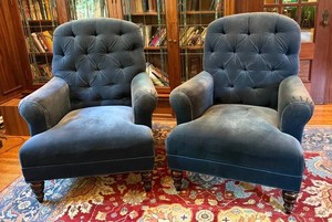 FR - Pair of Blue Tufted-Back Armchairs with Rolled Arms