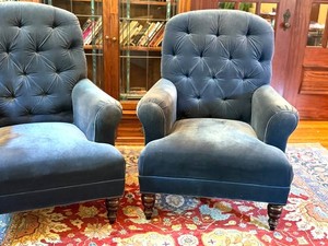 FR - Pair of Blue Tufted-Back Armchairs with Rolled Arms