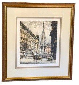 Framed Hand-Colored Etching Luigi Kasimir St. Stephens Cathedral Vienna