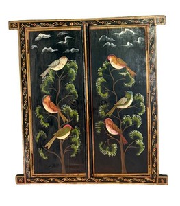 Vintage Indian Painted Wood Window Decoration Hand-Painted Birds