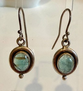 Sterling Silver Dangle Earrings Green Cabochon 1.4 in Drop