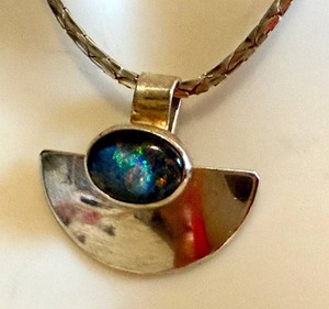 Sterling Silver Mosaic Opal Pendant Necklace 18 in