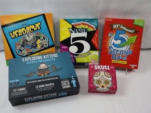 Mixed Board Game Lot - Headache, Exploding Kittens, Skull, Name 5 & 5 Second Rule