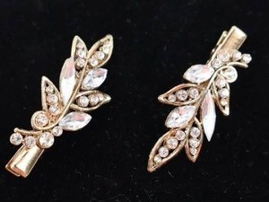 Rose Gold Rhinestone Leaf Hair Clips - Pair