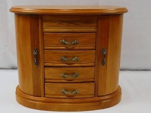 Wooden Jewelry Armoire With Oval Mirror, Drawers and Side Cabinets