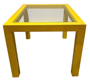 LLR - Glass Top Side Table - Vintage Yellow Wood Frame