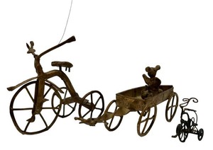 LLR - Brass Bronze Figurines Bike Wagon Bear & Small Bike (Lot of 3)