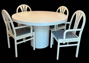K - Vintage White Pedestal Dining Table with Four Armchairs