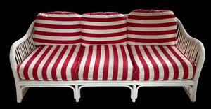 P - Vintage Rattan Sofa Couch Red & White Striped Cushions