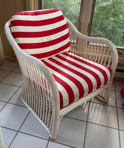 P - Vintage Rattan Chair With Red & White Striped Cushions