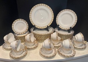 LR - Vintage Royal Crown Derby Heraldic Gold Bone China Dinner Service for 12