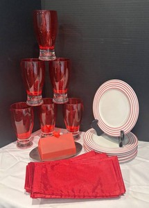 LR - Collection of Ceramic Plates, Plastic Glasses, Butter Dish & Napkins