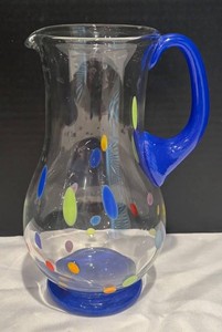 LR - Art Glass Polka Dot Pitcher with Blue Handle