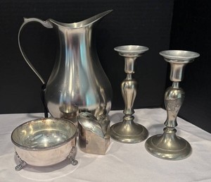 LR - Vintage Silver Plated & Pewter Pitcher, Candle Holders, Footed Dish and SaltPepper Shakers