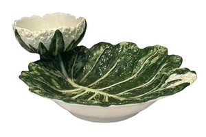 LR - Vintage Majolica Cabbage Leaf Chip Dip Bowl Serving Platter
