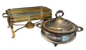 LR - Vintage Serving Dishes Brass Chafing Dish & Covered Casserole