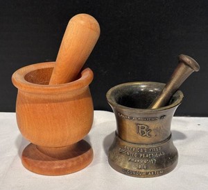 LR - Two Mortar and Pestle Sets - Wooden and Pharmaceutical Bronze