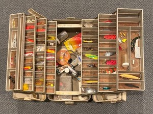 LL - Vintage Fishing Tackle Box with Assorted Lures and More