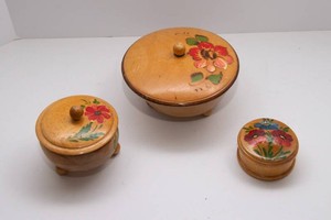 Scandinavian Rosemaled Wooden Bowls with Lids  Set of 3