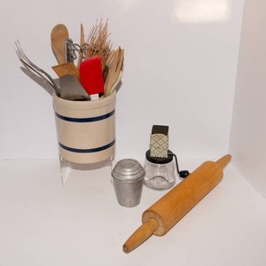 Vintage Kitchen Utensil Collection with RRP Co. Stoneware Holder