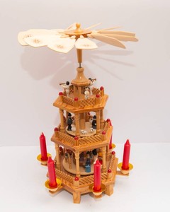 Vintage Wooden Nativity Carousel Windmill Candle Powered Tower with Box