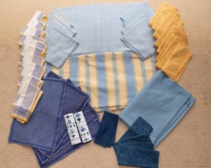 Blue & Yellow Table Linen Collection with Enamelware Napkin Rings
