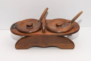 Margaret Studios Wooden Condiment Caddy with Stainless Bowls & Ladles