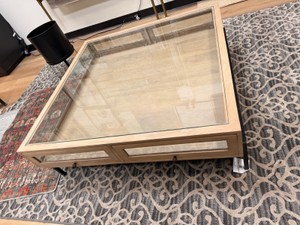 Modern Glass Top Display Coffee Table with Lower Shelf & Black Metal Base