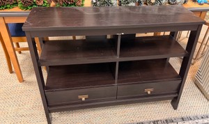 Modern Espresso Wood Console Table with Shelves & 2 Drawers  Sofa Table  Media Console