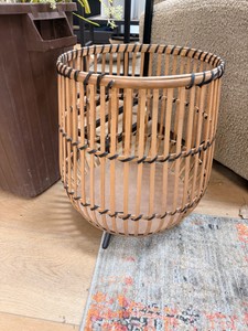 Modern Woven Wood & Black Metal Basket Planter Stand  Decorative Storage Basket