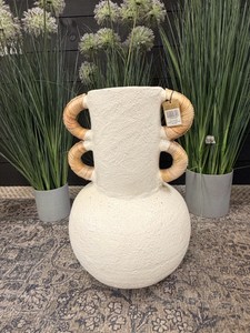 Creative Co-Op White Textured Terra Cotta Vase with Wrapped Handles  17.25