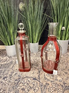 Designer Leather Wrapped Glass Decorative Bottles & Decanter Set  2 Large Statement Vases  Rustic Modern Home Dcor