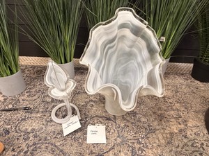 Davone Hand-Blown Art Glass Ruffle Vase  White & Gray Swirl Decorative Vase, Art Glass Flower Candle Holder  White & Gray Swirl Hand-Blown Glass Accent