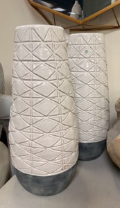 Set of 2 Large Textured White Ceramic Floor Vases with Gray Bases  Modern Decorative Vases