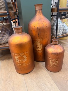 Set of (3) Decorative Frosted Glass Bottle Vases  Italian Wine Label Inspired Dcor